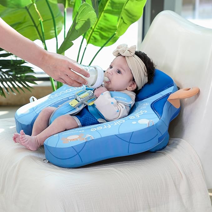 Mambobaby Float Add Tail Baby Swim Float with Canopy Solid Pool Infant Swim Trainer Swimming Training Lying Air Free Water Floats Non-Inflatable Waist Swim Ring for Toddlers (Crab - Blue)