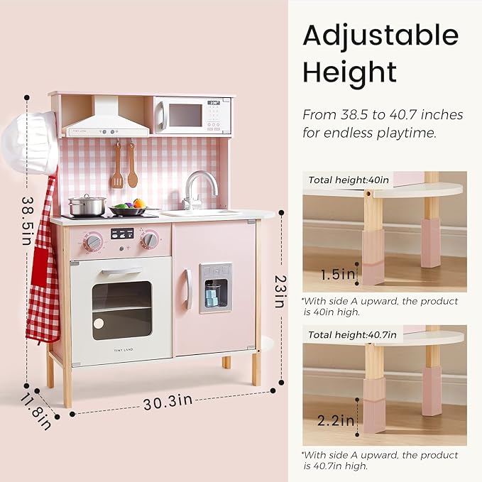 Tiny Land Play Kitchen for Kids, Wooden Kids Play Kitchen Playset Chef Pretend Play Set for Toddlers with Real Lights & Sounds, Toys Kitchen with 18 Pcs Toy Food & Cookware Accessories