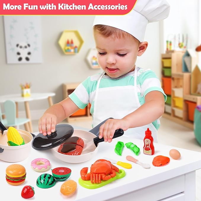 HOLYFUN Play Food Toy Set for Kids Kitchen, Shopping Basket with Cutting Fruit & Vegetables Accessories, Pot and Pan, Plastic Dishes, Toddler Play Kitchen Accessories Educational Toys for Boys Girls