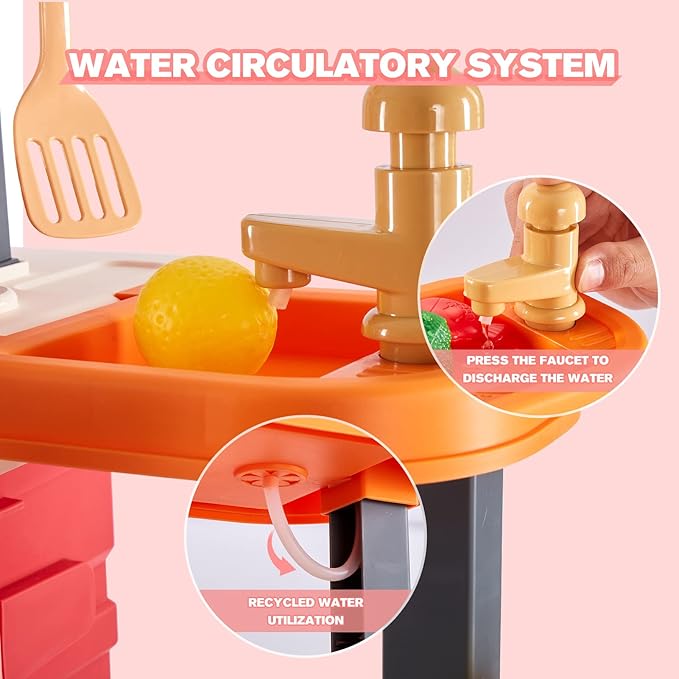 3-in-1 Kids & Toddler Play Kitchen - Interactive Kitchen Playset with Real Cooking Sounds & Lights, 50 Accessories & Flowing Water Feature, Portable Travel Suitcase Design Learning Toys for Ages 2-6