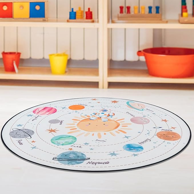 Solar System Planet Theme Carpets for Kids Bedrooms, 5ft Non-Slip Space Round Rugs for Baby,Circle Area Rug for Boys Girls Playroom,Educational Crawling Rug for Classroom