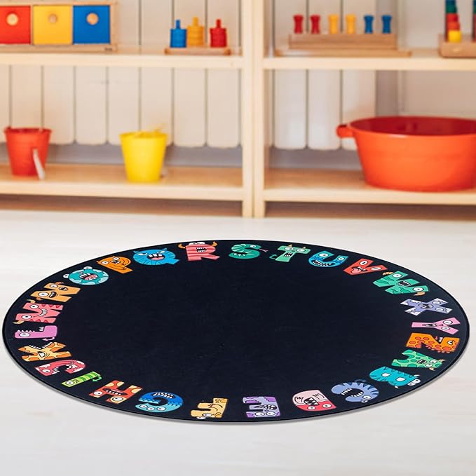 ABC Alphabet Rug for Kids,Classroom Playmat 6ft Non-Slip Circle Rugs for playroom, Round Area Rug for Elementary Classroom, Play Carpet for Boys Girls Bedrooms Playroom,Nursery Rugs-Black