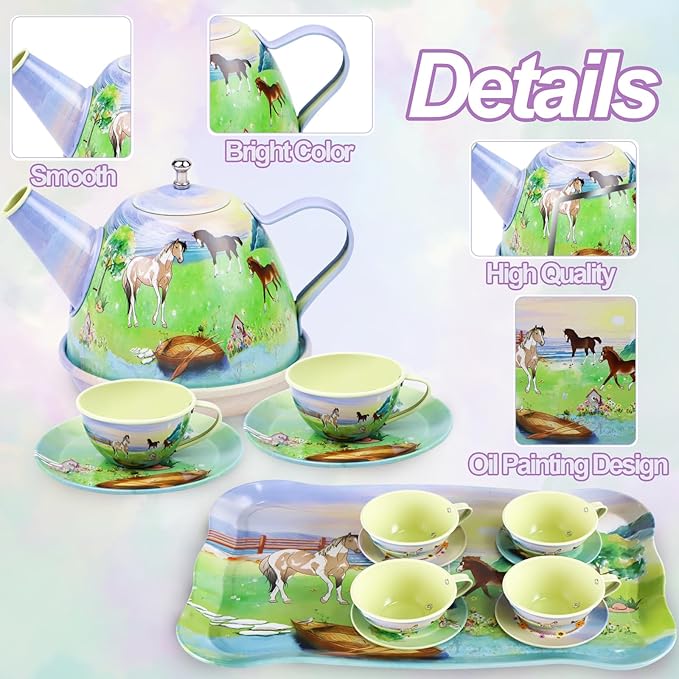 Tea Party Set for Little Girls,50PCS Princess Horse Tea Time Toy Including Food Sweet Treats Playsets,Teapot Tray Cake,Tablecloth & Carrying Case,Kids Kitchen Pretend Play for Girls Boys Age 3 4 5 6