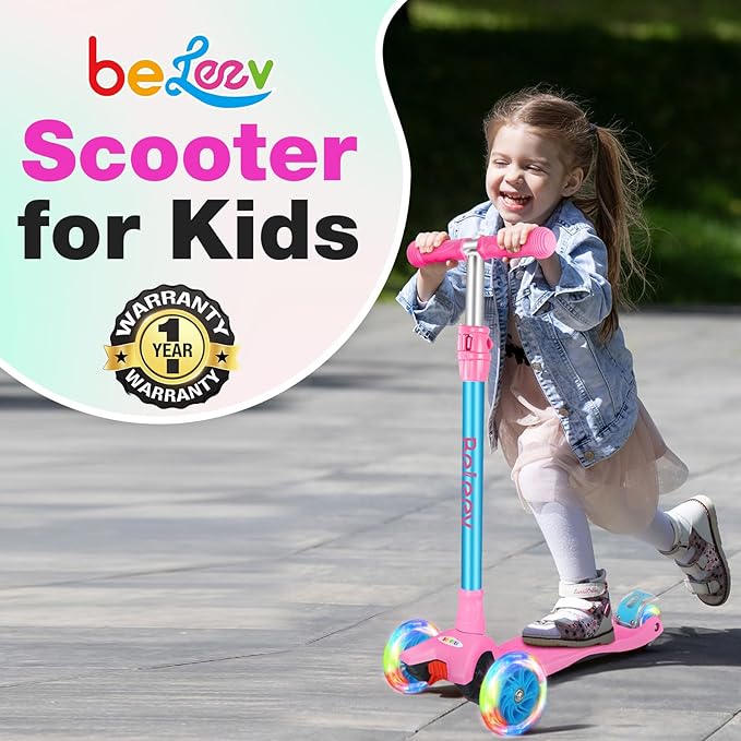 BELEEV A2 Scooters for Kids 3 Wheel Kick Scooter for Toddlers Girls Boys, 4 Adjustable Height, Lean to Steer, Light up Wheels, Extra-Wide Board, Easy to Assemble for Children Gift Sport Toys Ages 3-12