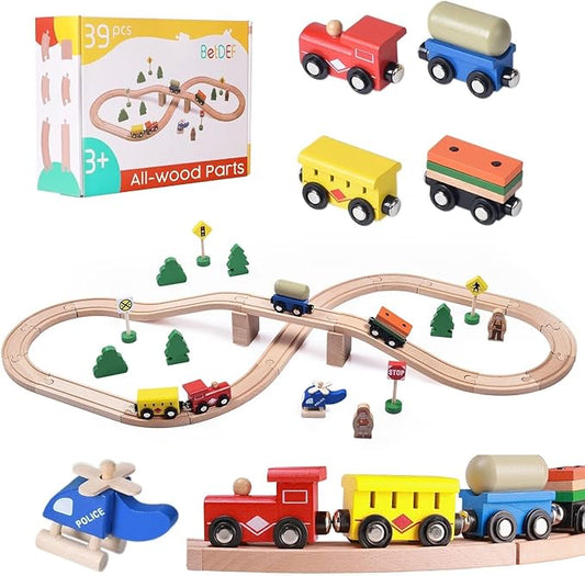 Wooden Train Set,39 Pcs-with All-Wood Train Tracks with Double Sided Wooden Tracks and Color Box for 3+ Year Old Boys and Girls Toddler-Fits Thomas Brio Melissa and Doug… (39PC)