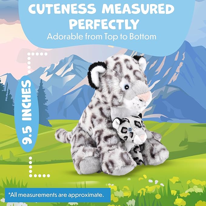Mom and Baby Stuffed Animals for Boys & Girls, Safari Baby Shower Decorations, Nursery Decor, Zoo Animals for Toddlers, Quality Realistic Toys for Kids, Cute, Soft, Huggable (9.5" Snow Leopard)