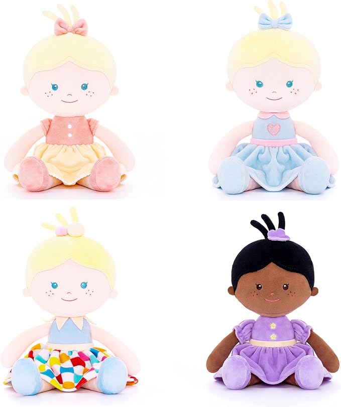 Onetoo Soft Baby Doll for Girls Plush Rag Doll Sleeping Cuddle Buddy Doll First Baby Doll Wear Blue Love Dress 14"