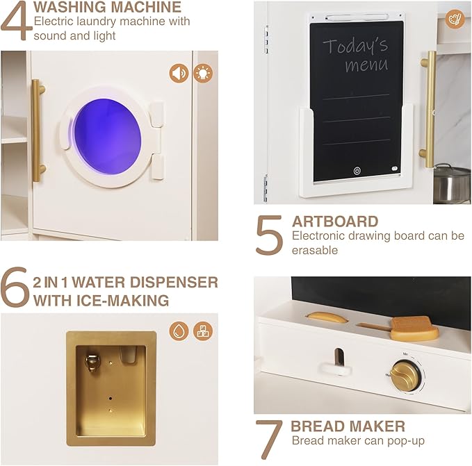 Large Wooden Corner Play Kitchen Sets with Ice Maker,Water Dispenser,Bread Maker,Washing Machine,Electronic Display,Toy Sink with Running Water,Stove with Light&Sounds, Birthday Gift for 3+Boys Girl