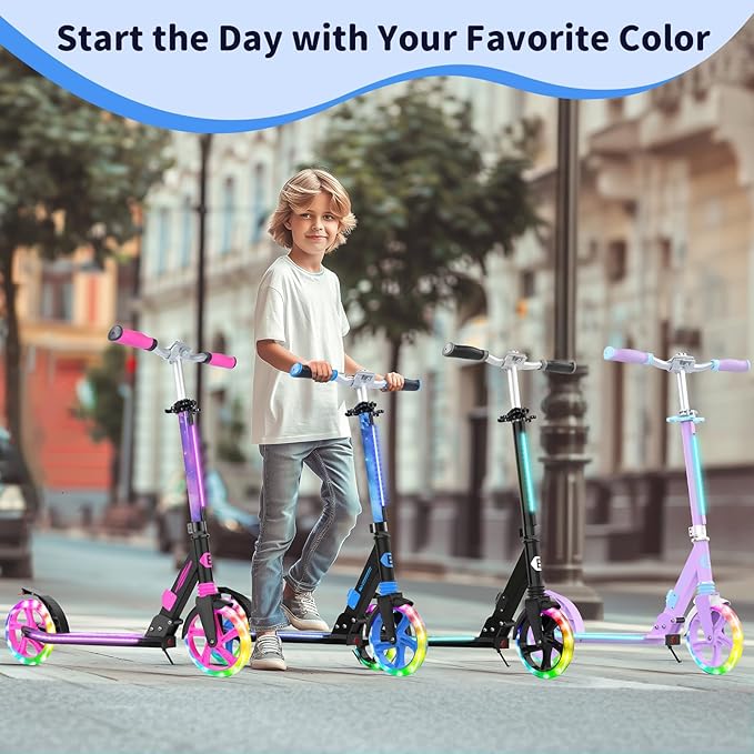 BELEEV V8 Scooters for Kids Ages 6+ with Light-Up Deck, 2 Wheel Folding Scooter for Adults Teens, 4 Adjustable Height, Lightweight Sport Commuter Scooter, Sturdy Frame, Max Load 220 lbs
