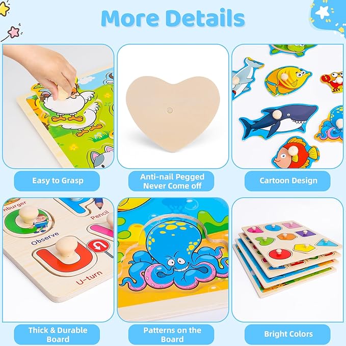 Wooden Peg Puzzles for Toddlers 2 3 4 Year Old, 4 Pack Montessori Toys Preschool Learning Puzzles for Toddlers 1-3 with Animals, Shapes, Alphabet, Wooden Toddler Toys Gifts for Kids Boys Girls