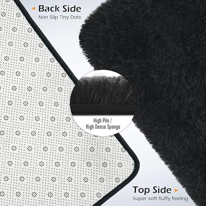 Amearea Shag Fluffy Area Rug for Bedroom Girls Living Room, Extra Soft and Fuzzy Shaggy Rugs, Non Slip, Solid Color Carpet Mat for Boys Nursery Home, Black 5x8 Feet