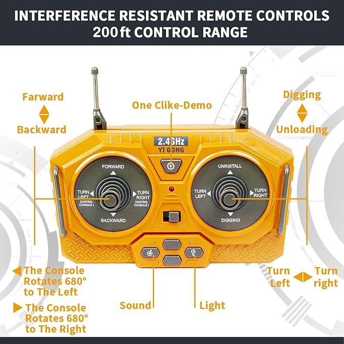 Remote Control Excavator Toy, Present for Boys 4 5 6 7 8 9 10 11 12 13 Year Old, RC Construction Toys with Metal Shovel, Lights, Sounds, 2.4Ghz, Turns 680 Degree - Christmas Birthday Gift