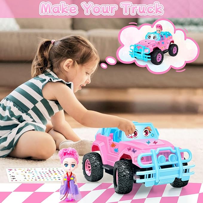 Remote Control Car- RC Truck with DIY Stickers and Doll for Kids Girls Birthday, 1:20 Scale RC Truck Full Functions Creative Racing Car for Toddlers Kids Indoor Outdoor Games, Pink