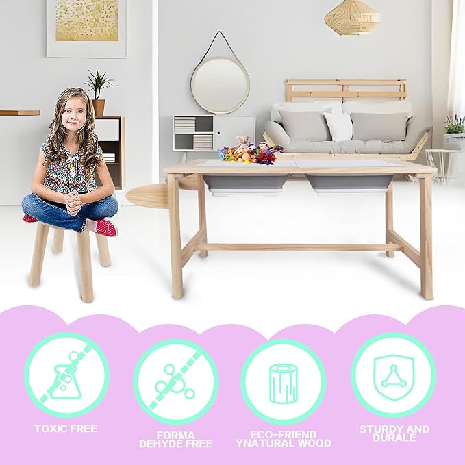 Kids Sensory Bins Table with 2 Stool, Multifunctional Children Interactive Activity Wooden Table Set for 1-3 Years, Drawing Table Play Sand & Water Table with Storage Bins Lid