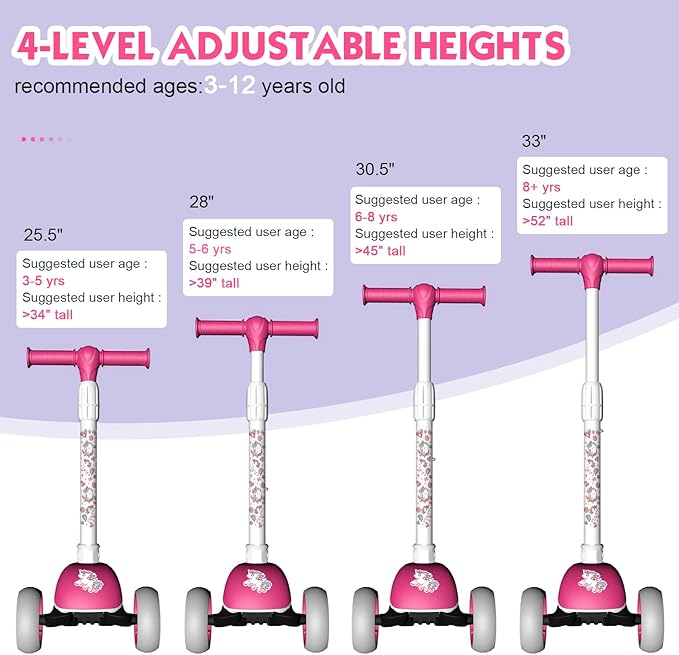 MOUNTALK Kids Scooter for Ages 1-12 Years, 3 Wheels Toddler Scooter for Children Age 1-3/3-5/5-8/8-12 Boys and Girls with Adjustable Heights and LED Wheels