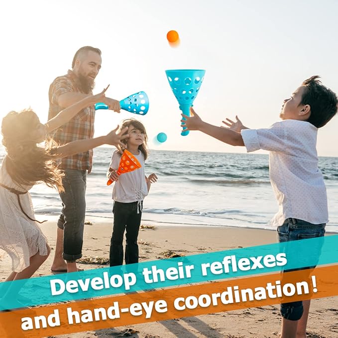 Pop and Catch Ball Game with 24 Balls and 4 Catch Launcher Baskets - Outdoor Indoor Game Activities, Easter Basket Stuffers Gifts Beach Sport Summer Beach Toys for Kids Ages 4 5 6 7 8 10 12+