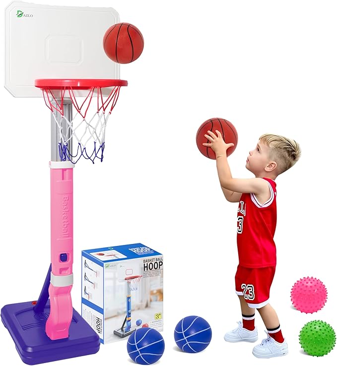 Toddler Basketball Hoop with Adjustable Height (27.6" to 54.4") – Kids Basketball Hoop Including 4 Basketballs, 2 Sensory Balls, Stickers & Inflator – Indoor/Outdoor Play for Ages 3-12
