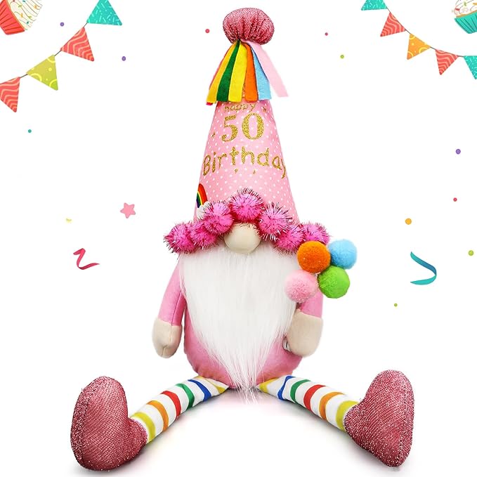 Funny 50Th Birthday Gifts for Women, Her, Mom, Girls, Women Friendship, Sister, Wife, Mother, Grandma, Coworker, Boss - Pink Happy Birthday Plush Gnomes Couple Doll Decorations for Party, Tabl Decor