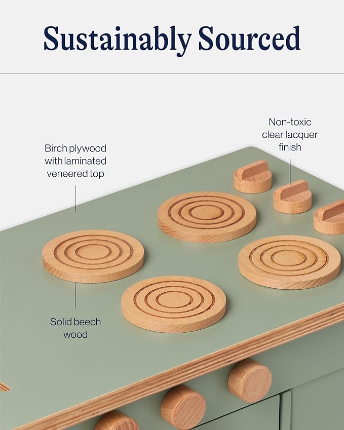 Lalo The Play Kitchen - Tool-Free Assembly, Toddler Kitchen Playset with Interactive Knobs & Doors, Safe for Kids 3+, Promotes Open-Ended Play, Wooden Play Kitchen, Made from Birch Wood - Sage