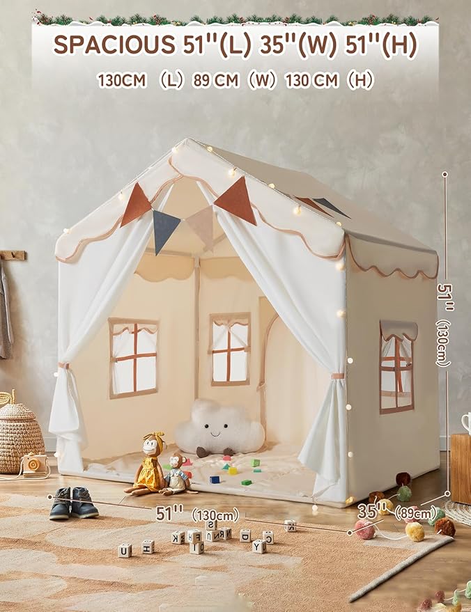 besrey Kids Tent, Kids Playhouse 2 in 1 with Padded Mat and Lights, Large Play Tent with 2 Doors & 4 Windows, Kids Play Tent Indoor & Outdoor, Christmas Toddler Tent for Kids, 51" x35" x 51"