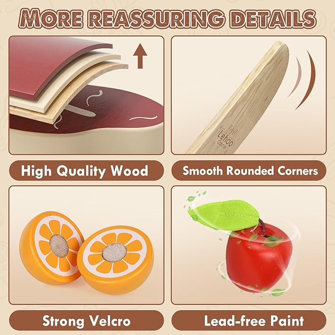 Lehoo Castle Wooden Play Food Set, Toy Food for Toddlers, Pretend Play Kitchen Accessories, Cutting Fruits and Vegetables Montessori Sorting Toys for Kids 3-5 Girls Boys