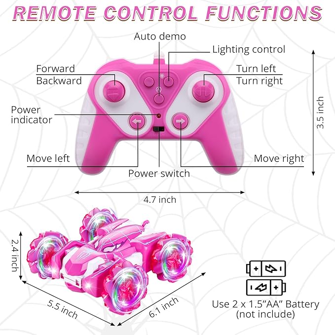 Spider Remote Control Car, 2.4Ghz Double Sided RC Cars with LED Light 360° Rotating 4WD Rechargeable RC Stunt Car Spider Toys for Boys 4-6 5-7 8-13 Girls Gifts Indoor Outdoor, Pink