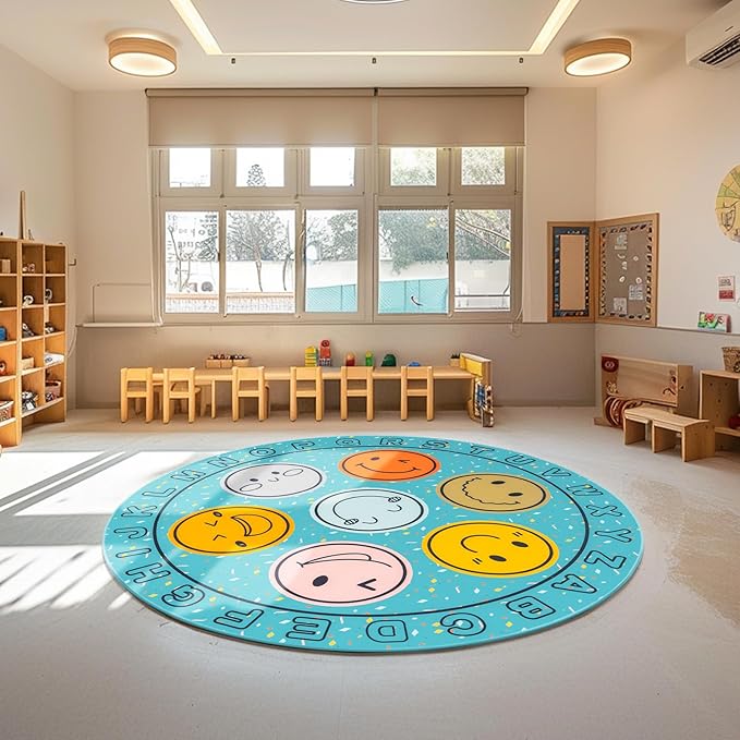 ABC Alphabet Rug for Kids, Classroom Playmat 6ft Non-Slip Circle Rugs for playroom, Round Area Rug for Elementary Classroom, Play Carpet for Boys Girls Bedrooms Playroom,Nursery Rugs-Blue