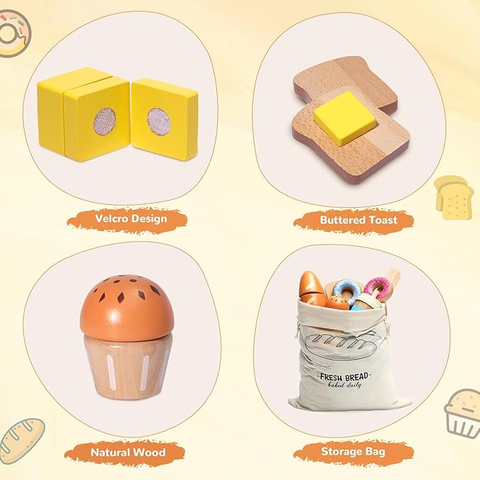 Wooden Bakery Playset Food Toys, Kids Pretend Play Food Baking Set Kitchen Accessories with Storage Bag, Pretend Play Bread Cutting Food for Boys Girls 3+
