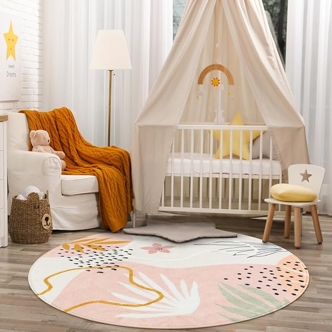 Lahome Pink Round Rugs 8Ft - Washable Boho Area Rug for Living Room Non-Slip Soft Ultra-Thin Large Round Rug Dining Room Rug, Botanical Print Floor Round Carpet for Bedroom Office Dorm (Pink, 8'x8')