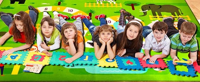 Classroom Rugs for Playroom, Preschool, Daycare Rug for Classroom, Large Learning Numbers Road Play Map Animal Safari Road Playtime Educational Area Rugs for Kids, Nursery(13'x7'7'', Green)