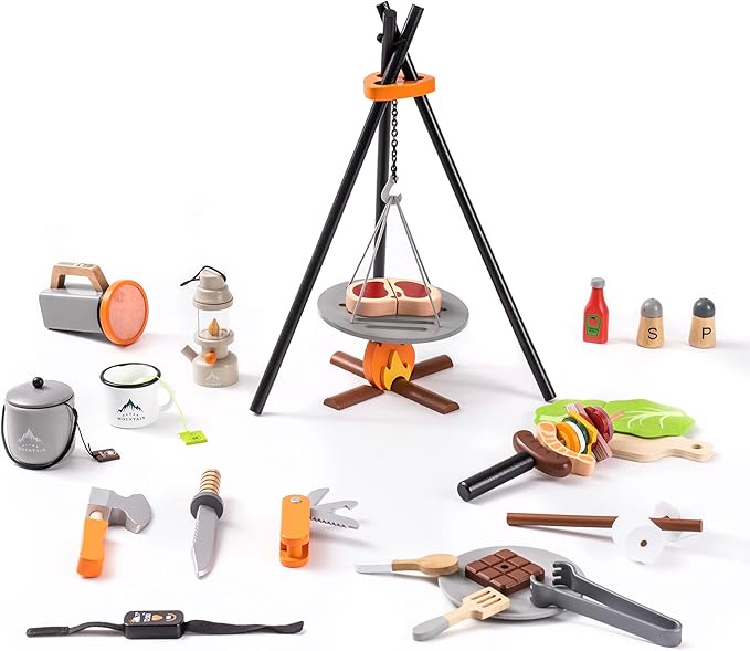 Kids Camping Set 45Pcs with Children’s Shinning Flashlight&Carrying Bag - Outdoor Campfire Toys Set for Toddlers- Cutting Food for Play Kitchen Gear Tools Indoor Outside Boys Girls Birthday Xmas Gifts