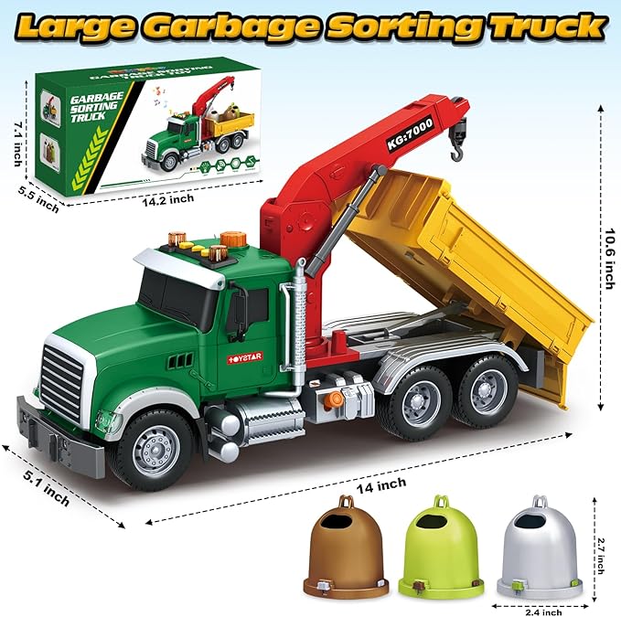 Kids Toys for 3 4 5 6 7 8 Years Old Boys, Large Garbage Sorting Truck Toy, Friction Powered Garbage Recycling Truck with Lights and Sounds, 3 Trash Bins, Birthday Gifts Toys for Toddlers Boys Girls