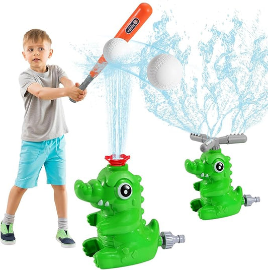 HeySplash Water Sprinkler Baseball Toy, 2 in 1 Water Spray Sprinkler Ball Set with 2 Detachable Sprinkler Heads, Outdoor Summer Toys Outside Toys for Toddlers and Kids, Green Crocodile