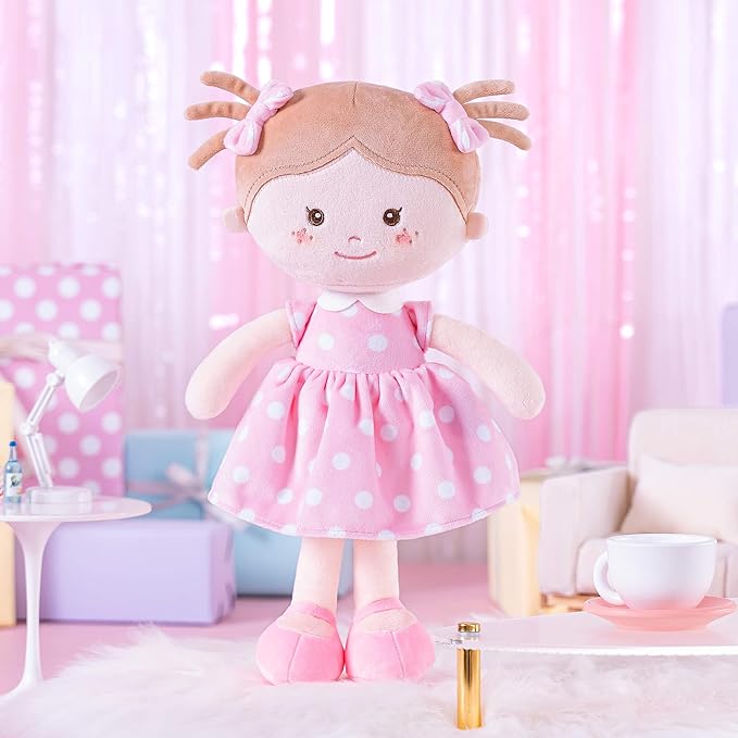 Onetoo Plush Rag Doll Sleeping Cuddle Buddy Doll Soft Baby Doll for Girls First Baby Doll Wear Pink Skirt Dress 14"(Milly Series)