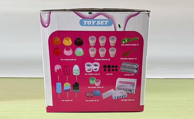 Wooden Ice Cream Toys Kids Toy Food for Toddler Girls 3+, Ice Cream Shop Playset, Pretend Play Kitchen Toys with Display Counter & Fake Money - Wooden Food Toys for 3 4 5 Year Old Girls Boys Birthday
