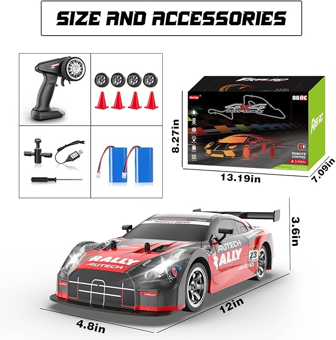 RC Drift Car 1:16, 2.4GHz 4WD Drifting RC Cars 30+KM/H High Speed Remote Control Car with LED Lights Two Batteries and Drift Tires, Race car for Adults Boys Kids, Red