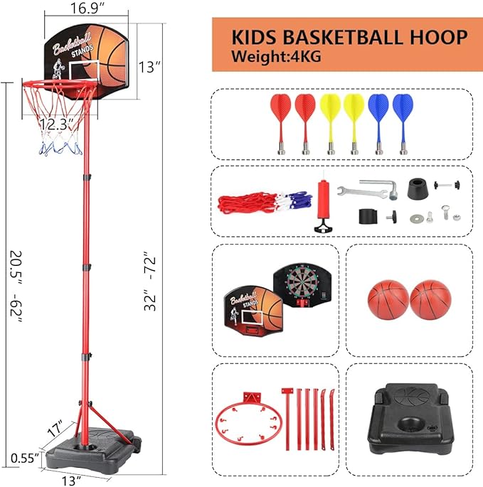 MXF Kids Basketball Hoop Stand with Dart Board, Height Adjustable 2.6ft-6.2ft, Portable Mini Basketball Hoop Set with Balls & Darts, 2 in 1 Indoor Outdoor Toys for Kids Toddlers Ages 4-8