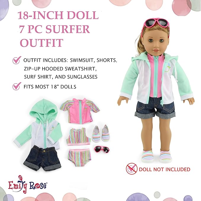 Emily Rose 18 inch Doll Clothes 7 PC Surfer Swimming Bathing Suit Beach Swim Clothing & Accessories Set, Includes Sunglasses and Shoes! | Compatible with 18" American Girl Dolls | USA Business