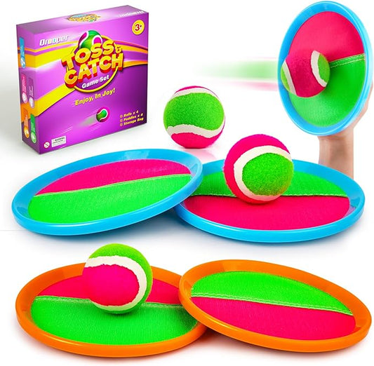 Kids Outdoor Toys - Toss and Catch Game Set, Outside Yard Camping Beach Pool Toys Games for Boys Girls 3 4 5 6 7 8 9 10 Year Old, 4 Paddles 4 Balls (Blue+Orange)