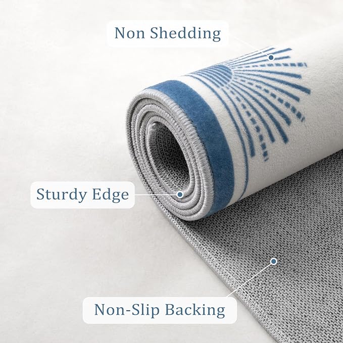 Modern White Rug 8x10, Low Pile Machine Washble Area Rugs, Soft Non Slip Rug for Bedroom,Sun Print Floor Carpet for Dining Room Table Living Room(8'x10',White/Blue)
