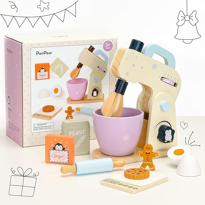 PairPear Wooden Toy Mixer for Kids Kitchen Playset –10 Piece Play Mixer Wooden Play Food Kitchen Cookie Bakery Toys, Kids Mixer Play Kitchen Accessories for Age 3+ Girls and Boys