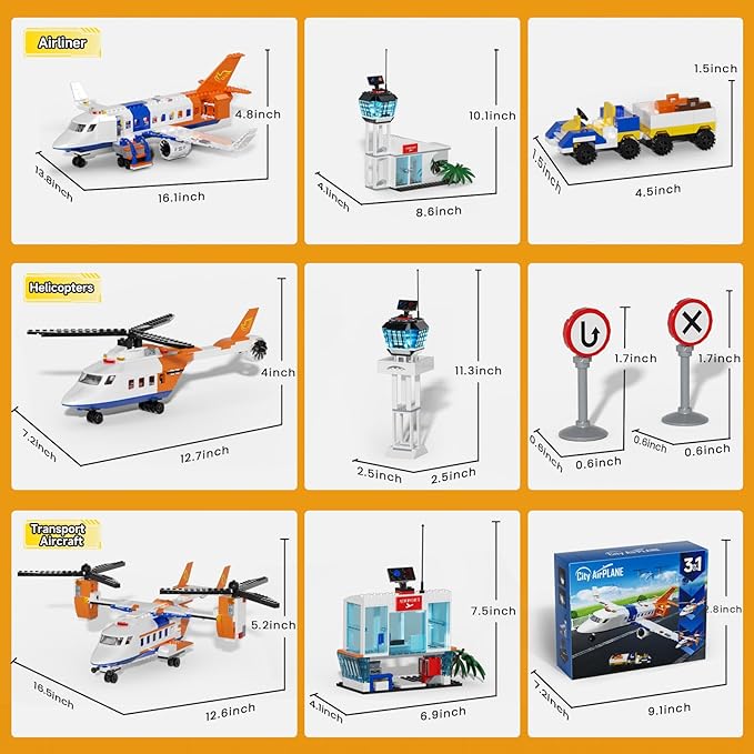 City Plane Building Set, Transport Plane, Helicopter Passenger Airplane 3 in 1 Building Toys with Luggage Trailer, Terminal, Radar Tower, Planes Model for Adults Boys Girls Age 8-12+