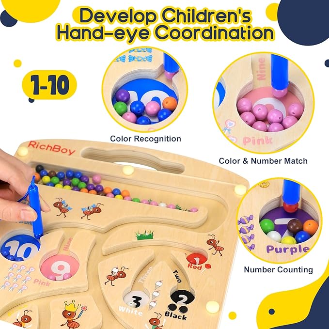 RichBoy Magnetic Maze for 3-5 Year Old, 2-in-1 Magnetic Color and Number Maze, Double-Sided Wooden Busy Board Fine Motor Skills Montessori Toys, Portable Travel Puzzle Game Toddlers Toys