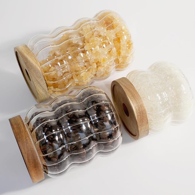 Glass Jar with Wood Lid Cute Decorative Glass Jars Canisters for Nut Coffee Sugur Glass Storage Jar Sets of 3 Size Clear Strip for Kitchen Storage Decor Gift for Christmas (12/20 /27oz)