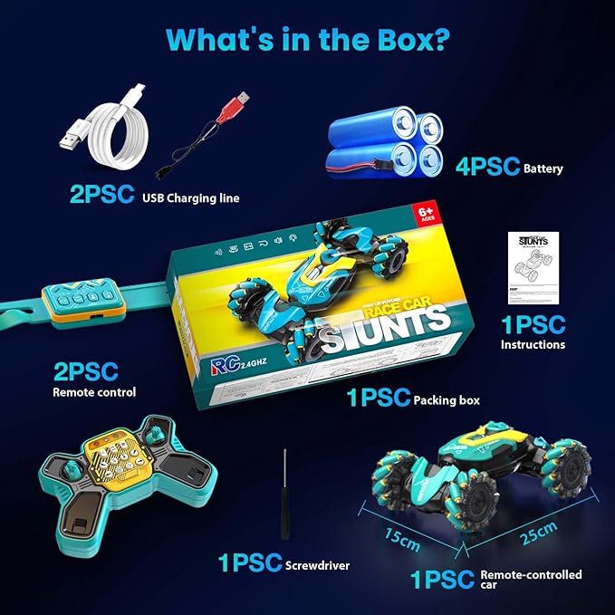 Gesture RC Car, 2.4GHz 4WD Gesture Sensing RC Stunt Car Toys for Aged 6-8-12 Boys Girls, Drift Hand Controlled Remote Control Twist Cars Off Road 360° Rotation with Lights Music