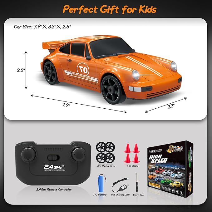 Remote Control RC Car for Boys - 1/24 2.4GHz 4WD Racing Drift Toy With Light, Rechargeable Battery and Drift Tires - Xmas Gift for Kids (Orange)