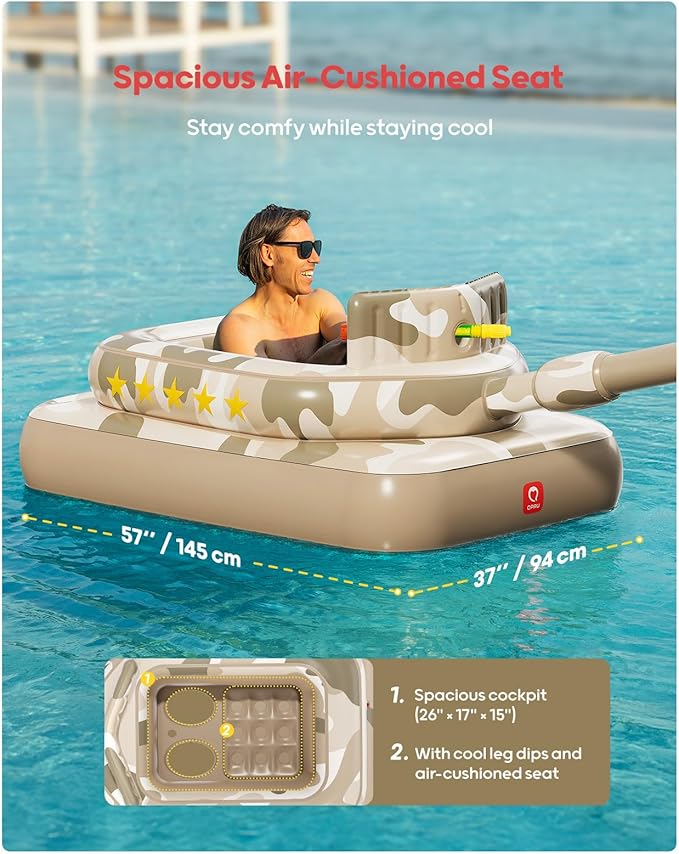 QPAU Inflatable Tank Pool Float for Adults & Kids – Ride-On Camouflage Floaty with Water Cannon, Swim Raft Toy for Boys Girls Ages 6+, Lake Beach Backyard Party Floaties