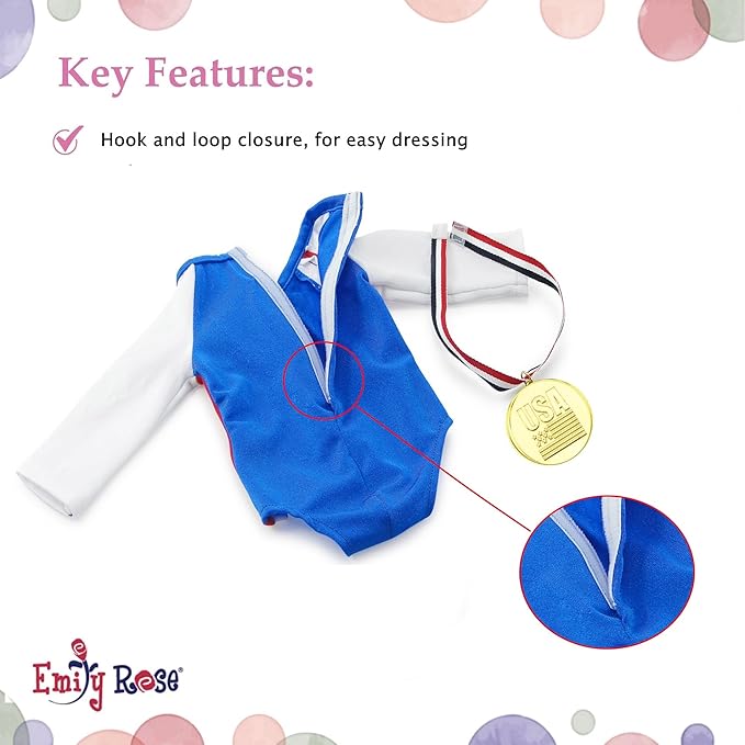 Emily Rose 18 Inch Doll Clothes Gymnastics Sports Outfit & Accessories with Medal and Face Stickers, Gymnast Toy | Doll NOT Included | USA Business | Compatible with 18" American Girl Dolls