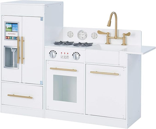 Teamson Kids Little Chef Charlotte Modern Modular Interactive Wooden Play Kitchen with Refrigerator, Stove and Sink in White with Gold Finishes