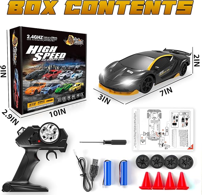 RC Drift Remote Control Car 2.4GHz 1/24 4WD 15KM/H High Speed Racing Sport with LED Lights Drifting Tire Toy for Adults Boys Girls Kids Gift 2Pcs Rechargeable Batteries